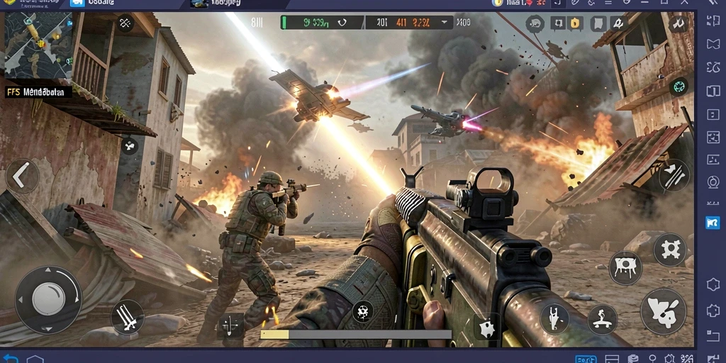 Screenshot utama 8II menampilkan aksi pertempuran FPS yang intens.