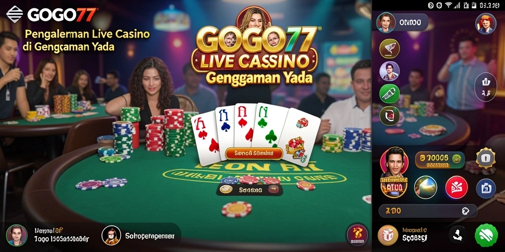Screenshot gameplay GOGO77 menunjukkan dealer langsung dan suasana kasino yang nyata.