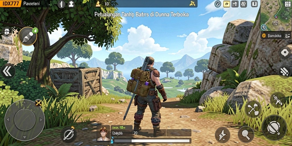 Screenshot gameplay menunjukkan eksplorasi dunia terbuka IDX777 yang luas.