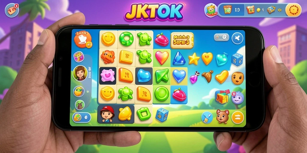 Screenshot JKTOK menampilkan gameplay Match-3 yang seru dan penuh warna.