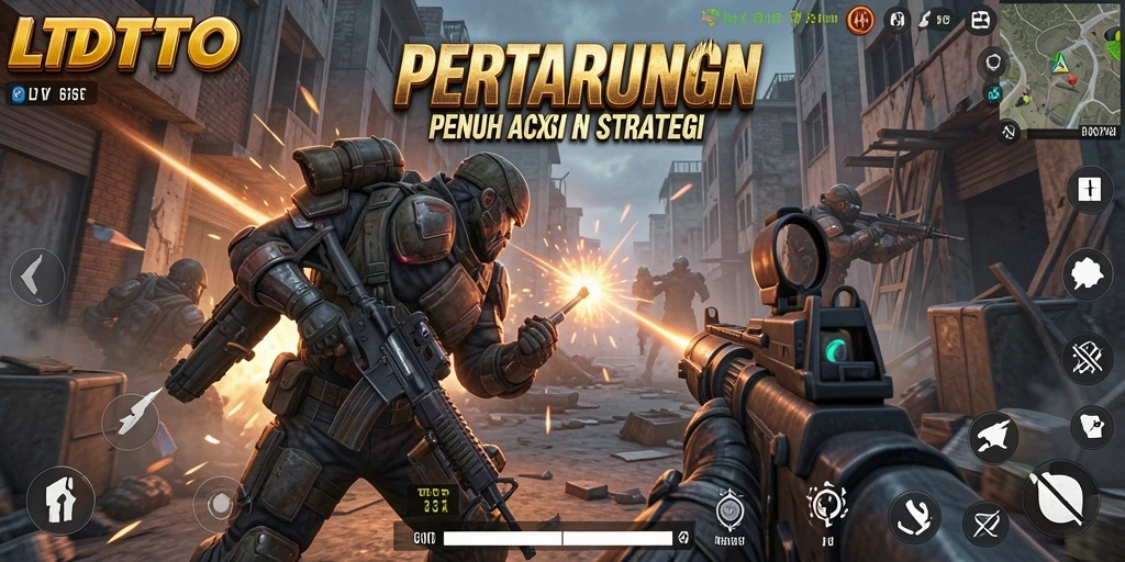 Screenshot LTDTOTO menampilkan aksi tembak-menembak yang intens di medan perang.