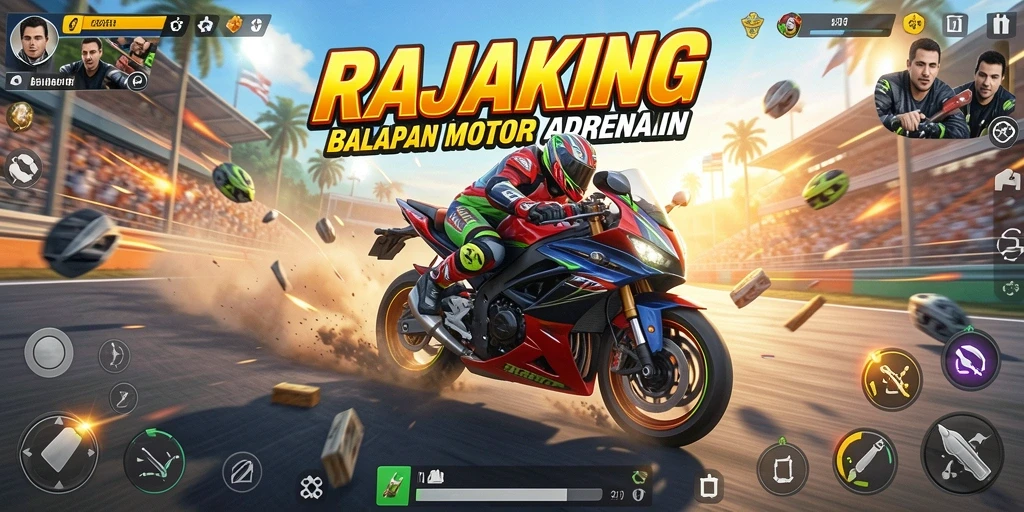 Screenshot gameplay RAJAKING menampilkan balapan motor yang mendebarkan.