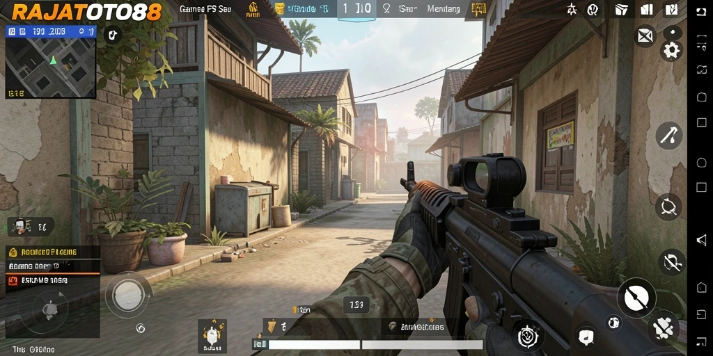 Tampilan gameplay menegangkan dari RAJATOTO88 di medan perang FPS.