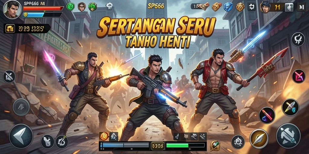 Screenshot utama SP666 menampilkan pertarungan karakter dengan efek spektakuler.