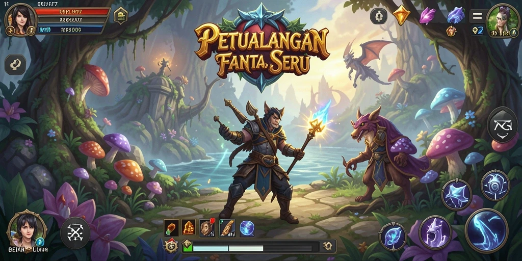 Screenshot UH77 menampilkan karakter utama dalam pertarungan epik di dunia fantasi.