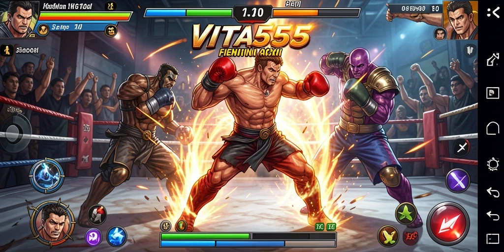 Screenshot utama VITA555 menampilkan pertarungan seru antara dua karakter.